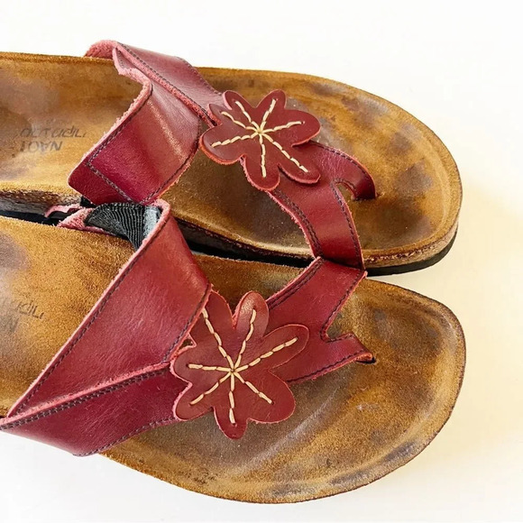 NAOT Dark Red Leather Floral Motif Cork Sandals Women’s Size 12‎ Summer Slides - Picture 7 of 11